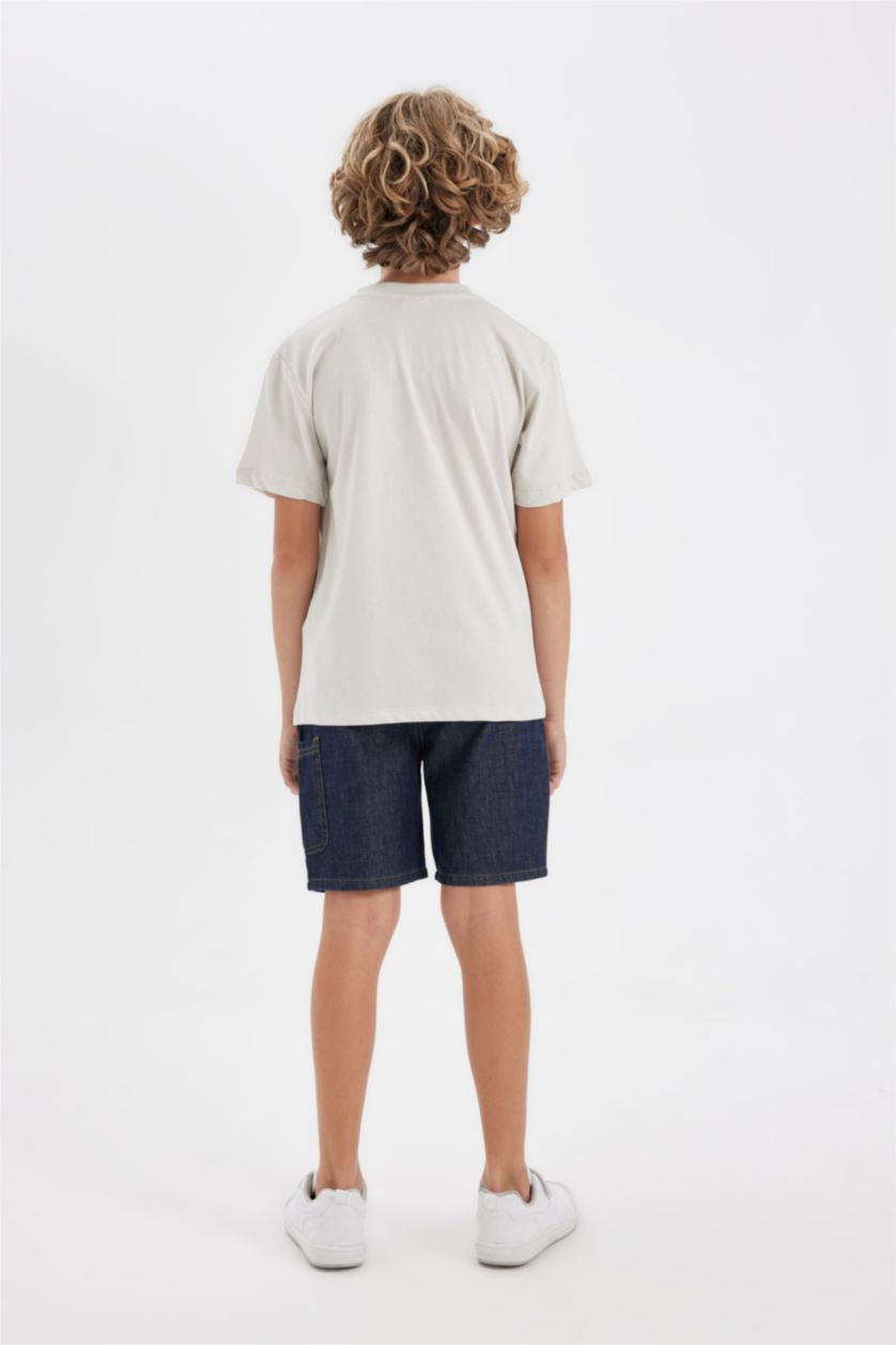 Erkek Çocuk - Genç Erkek Açık Gri Bisiklet Yaka Baskılı Kısa Kollu Tişört Erkek Çocuk