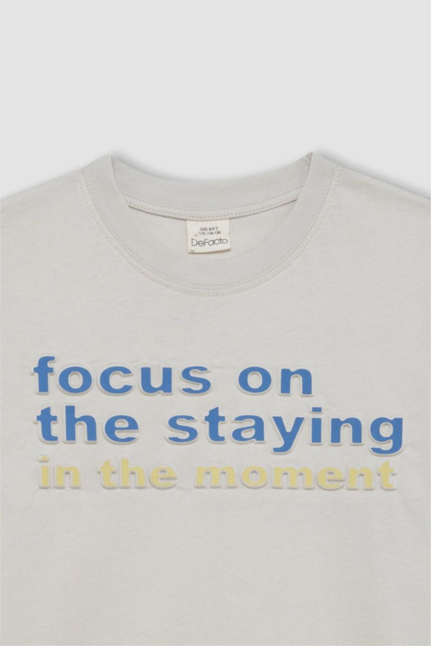 Erkek Çocuk - Genç Erkek Açık Gri Bisiklet Yaka Baskılı Kısa Kollu Tişört Erkek Çocuk