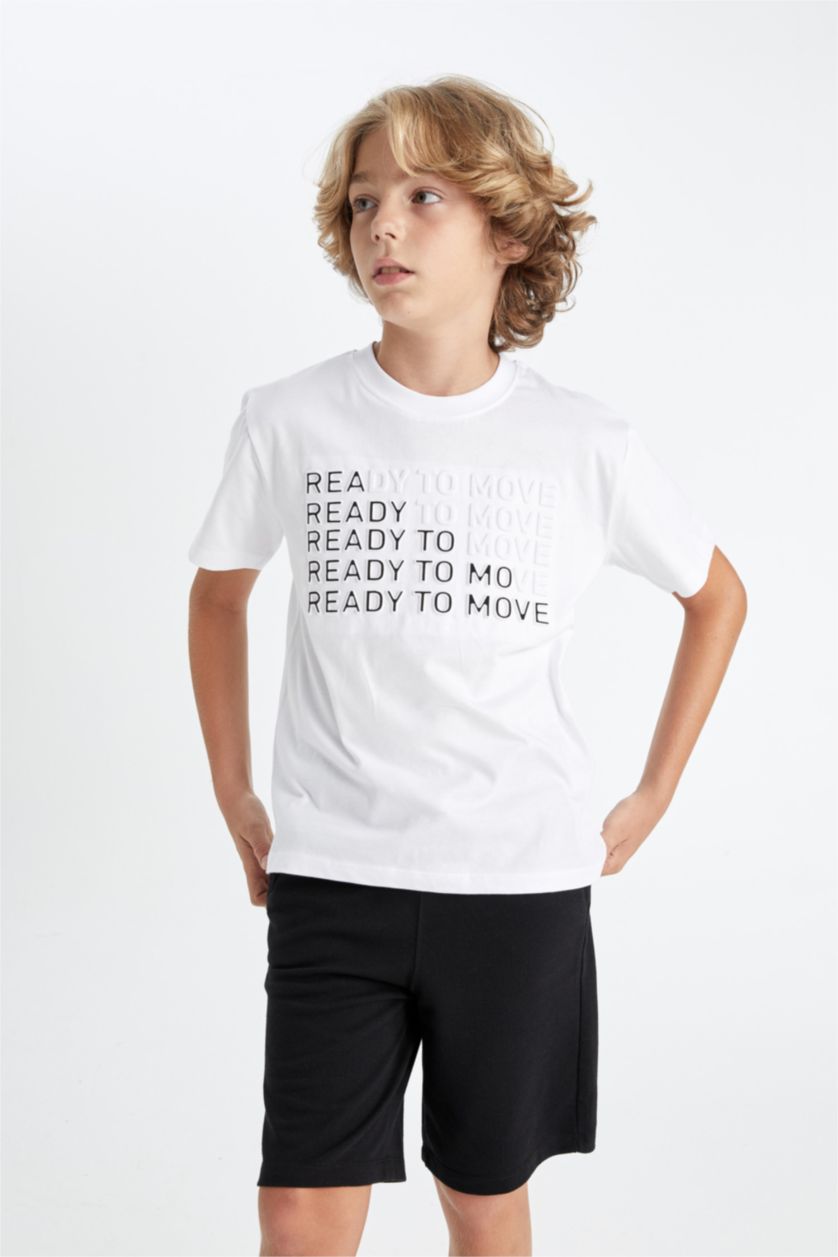 Erkek Çocuk - Genç Erkek Beyaz Bisiklet Yaka Baskılı Kısa Kollu Tişört Erkek Çocuk