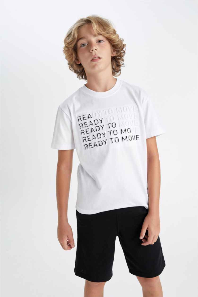 Erkek Çocuk - Genç Erkek Beyaz Bisiklet Yaka Baskılı Kısa Kollu Tişört Erkek Çocuk