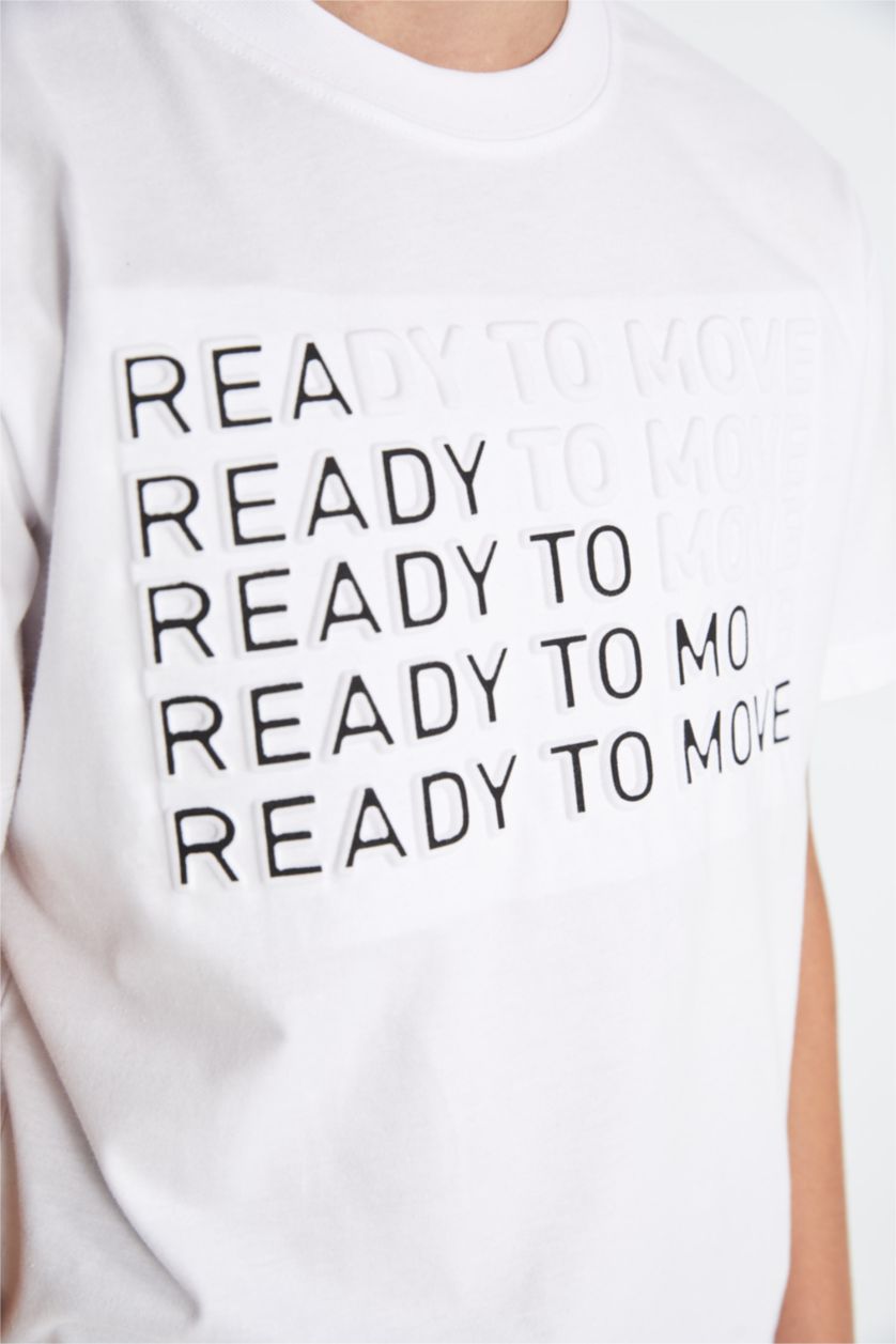 Erkek Çocuk - Genç Erkek Beyaz Bisiklet Yaka Baskılı Kısa Kollu Tişört Erkek Çocuk