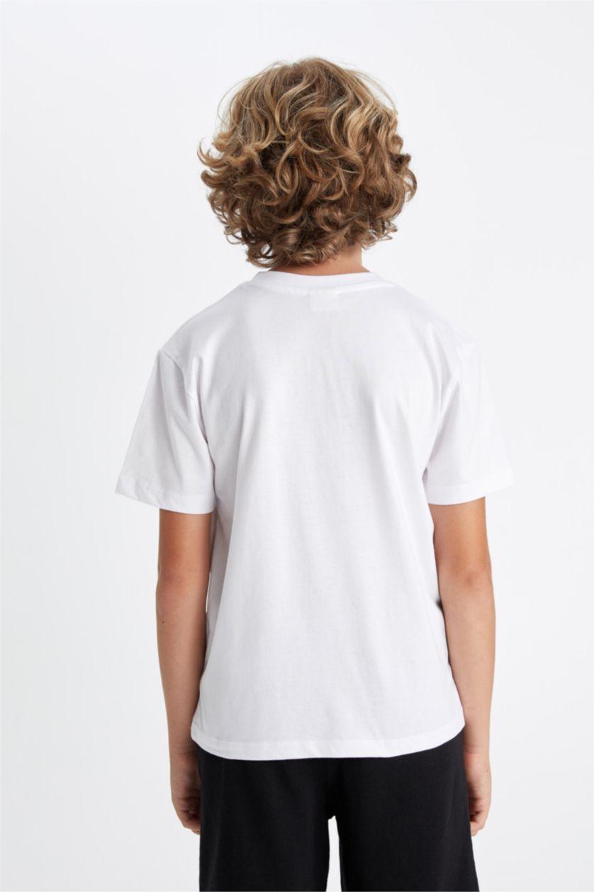 Erkek Çocuk - Genç Erkek Beyaz Bisiklet Yaka Baskılı Kısa Kollu Tişört Erkek Çocuk