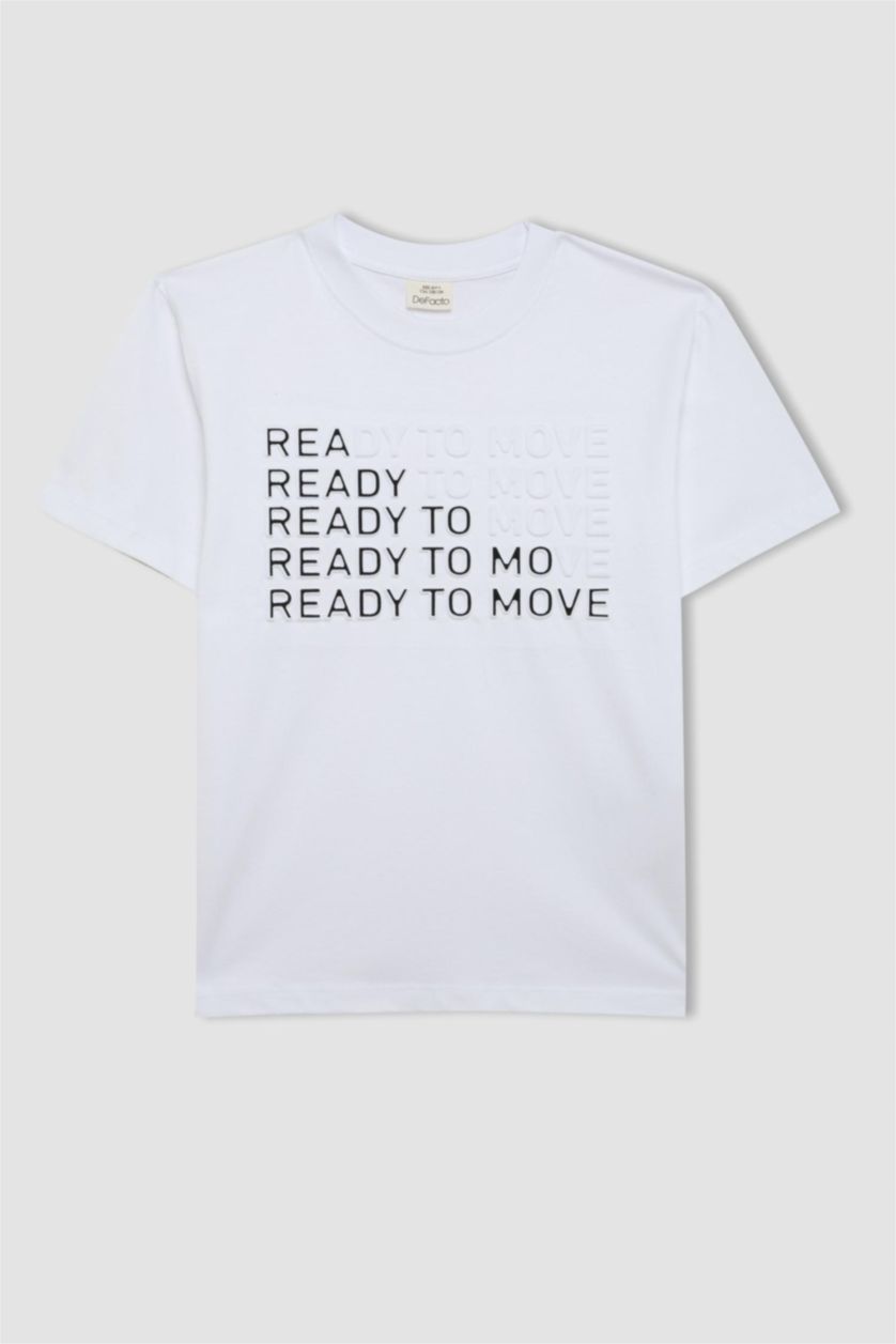 Erkek Çocuk - Genç Erkek Beyaz Bisiklet Yaka Baskılı Kısa Kollu Tişört Erkek Çocuk