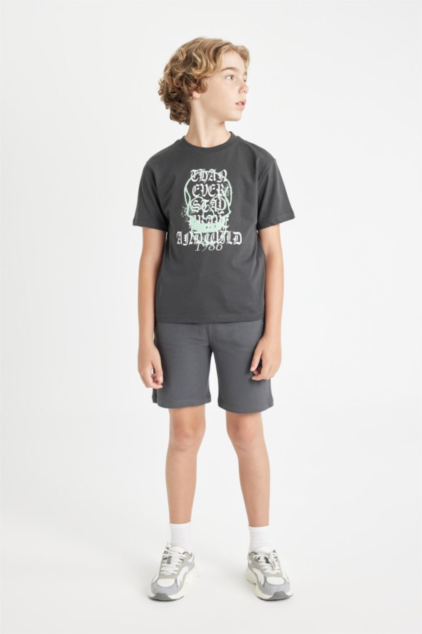 Erkek Çocuk - Genç Erkek Antrasit Bisiklet Yaka Baskılı Kısa Kollu Tişört Erkek Çocuk
