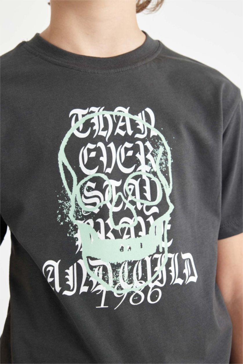 Erkek Çocuk - Genç Erkek Antrasit Bisiklet Yaka Baskılı Kısa Kollu Tişört Erkek Çocuk