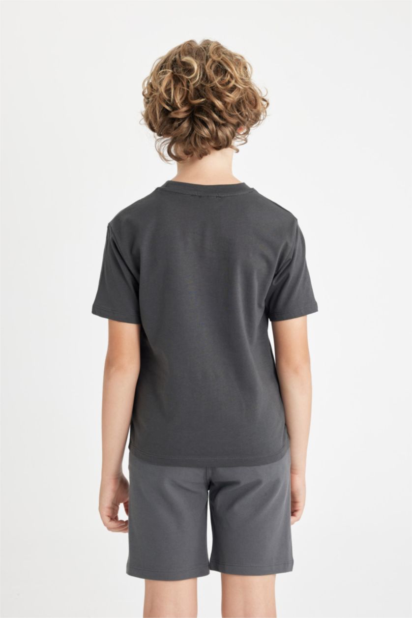 Erkek Çocuk - Genç Erkek Antrasit Bisiklet Yaka Baskılı Kısa Kollu Tişört Erkek Çocuk