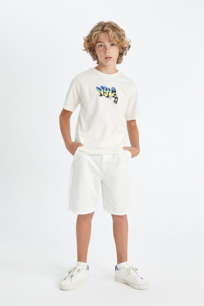 Erkek Çocuk - Genç Erkek Ekru Bisiklet Yaka Nakışlı Kısa Kollu Tişört Erkek Çocuk