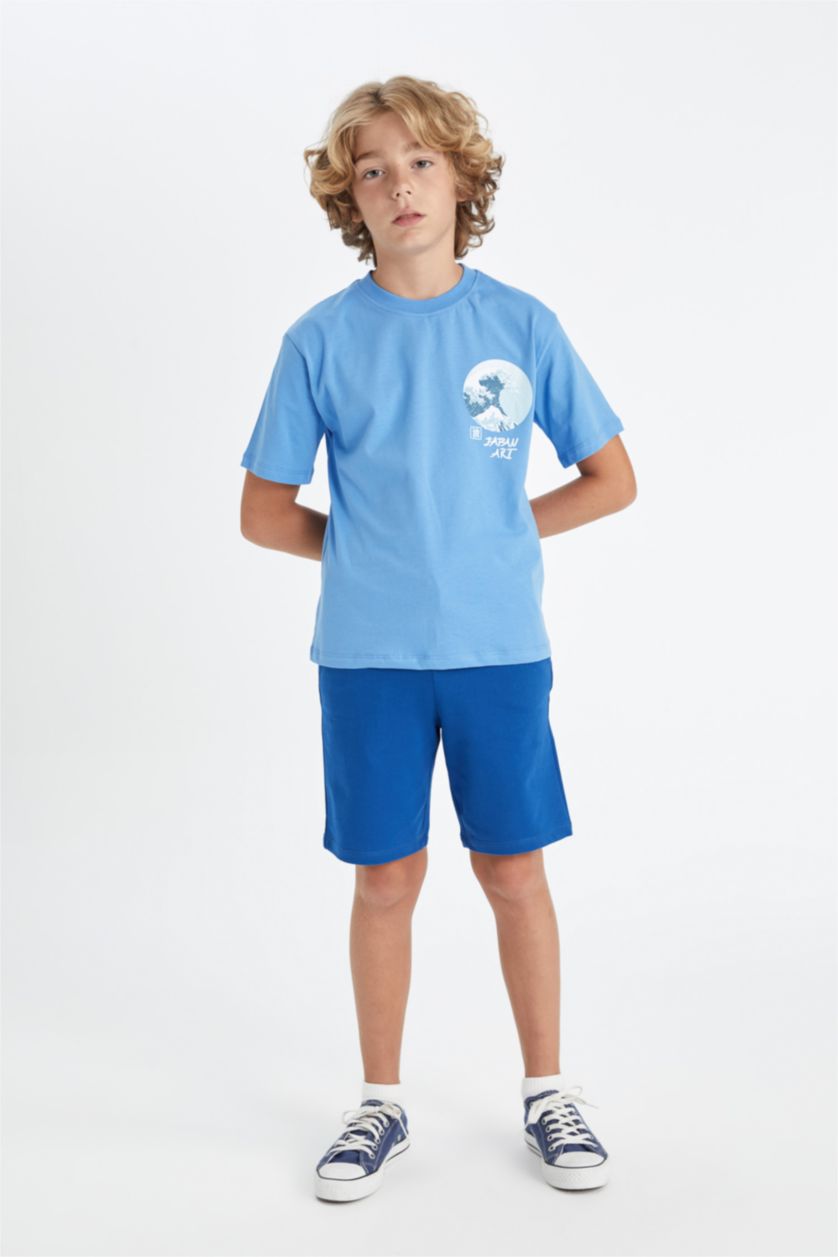 Erkek Çocuk - Genç Erkek Mavi Bisiklet Yaka Baskılı Kısa Kollu Tişört Erkek Çocuk