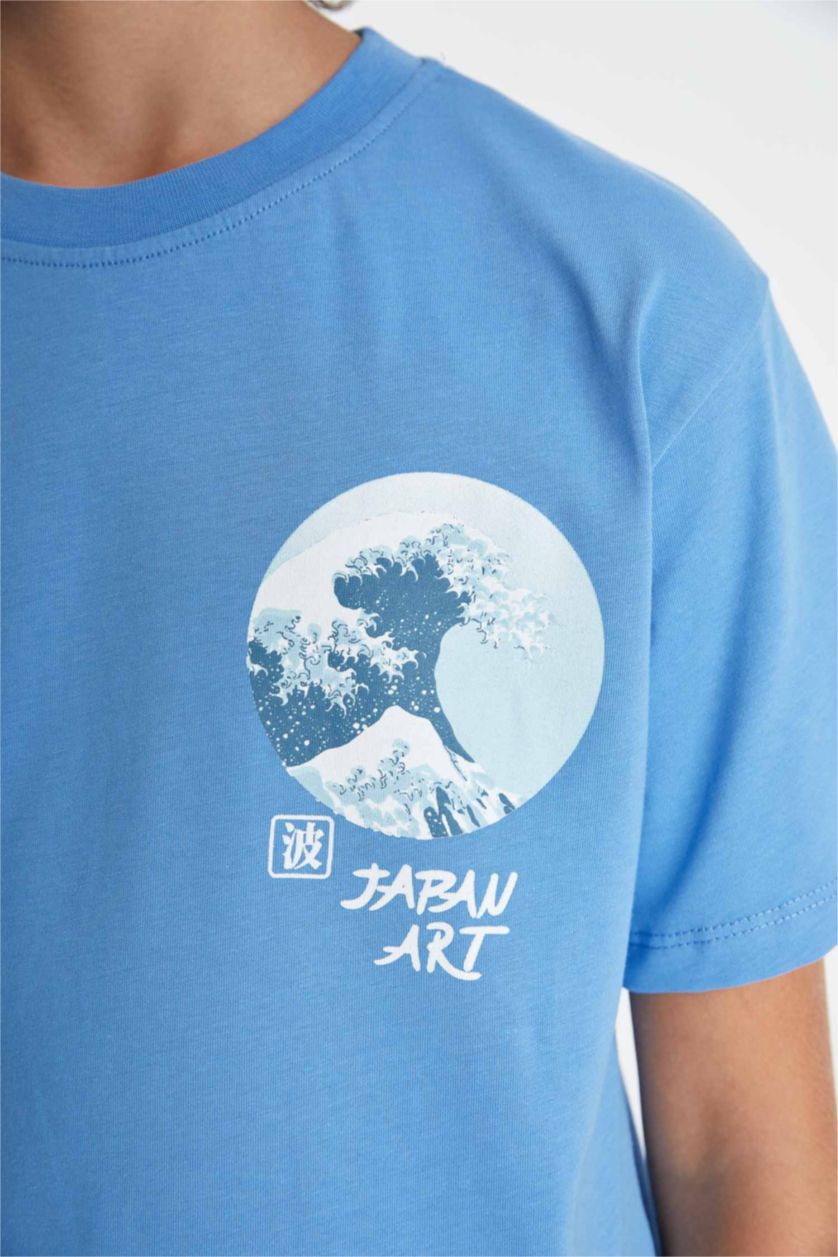 Erkek Çocuk - Genç Erkek Mavi Bisiklet Yaka Baskılı Kısa Kollu Tişört Erkek Çocuk