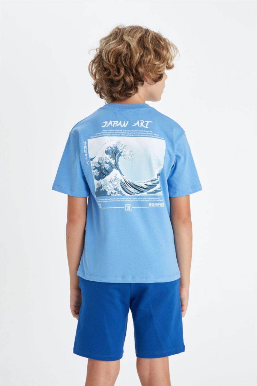 Erkek Çocuk - Genç Erkek Mavi Bisiklet Yaka Baskılı Kısa Kollu Tişört Erkek Çocuk