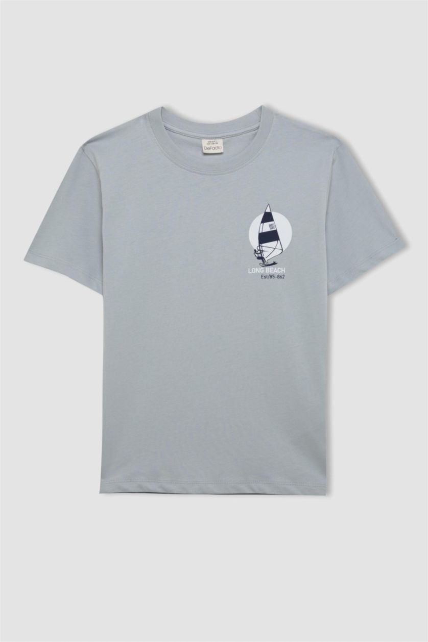 Erkek Çocuk - Genç Erkek Açık Gri Bisiklet Yaka Baskılı Kısa Kollu Tişört Erkek Çocuk