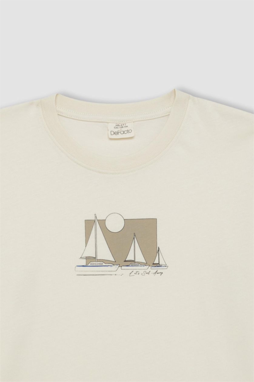 Erkek Çocuk - Genç Erkek Ekru Bisiklet Yaka Baskılı Kısa Kollu Tişört Erkek Çocuk