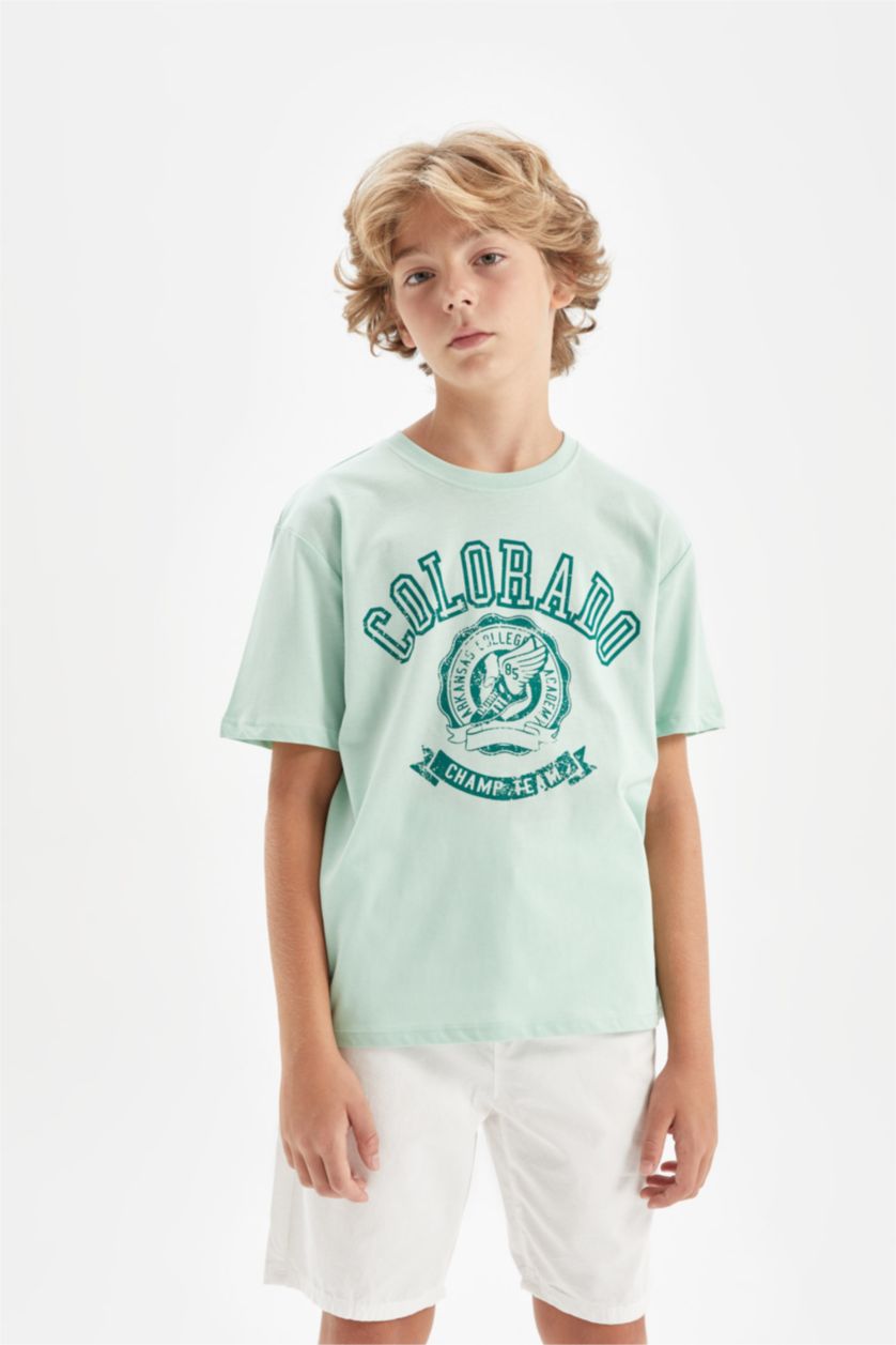 Erkek Çocuk - Genç Erkek Açık Yeşil Erkek Çocuk Bisiklet Yaka Baskılı Kısa Kollu Tişört