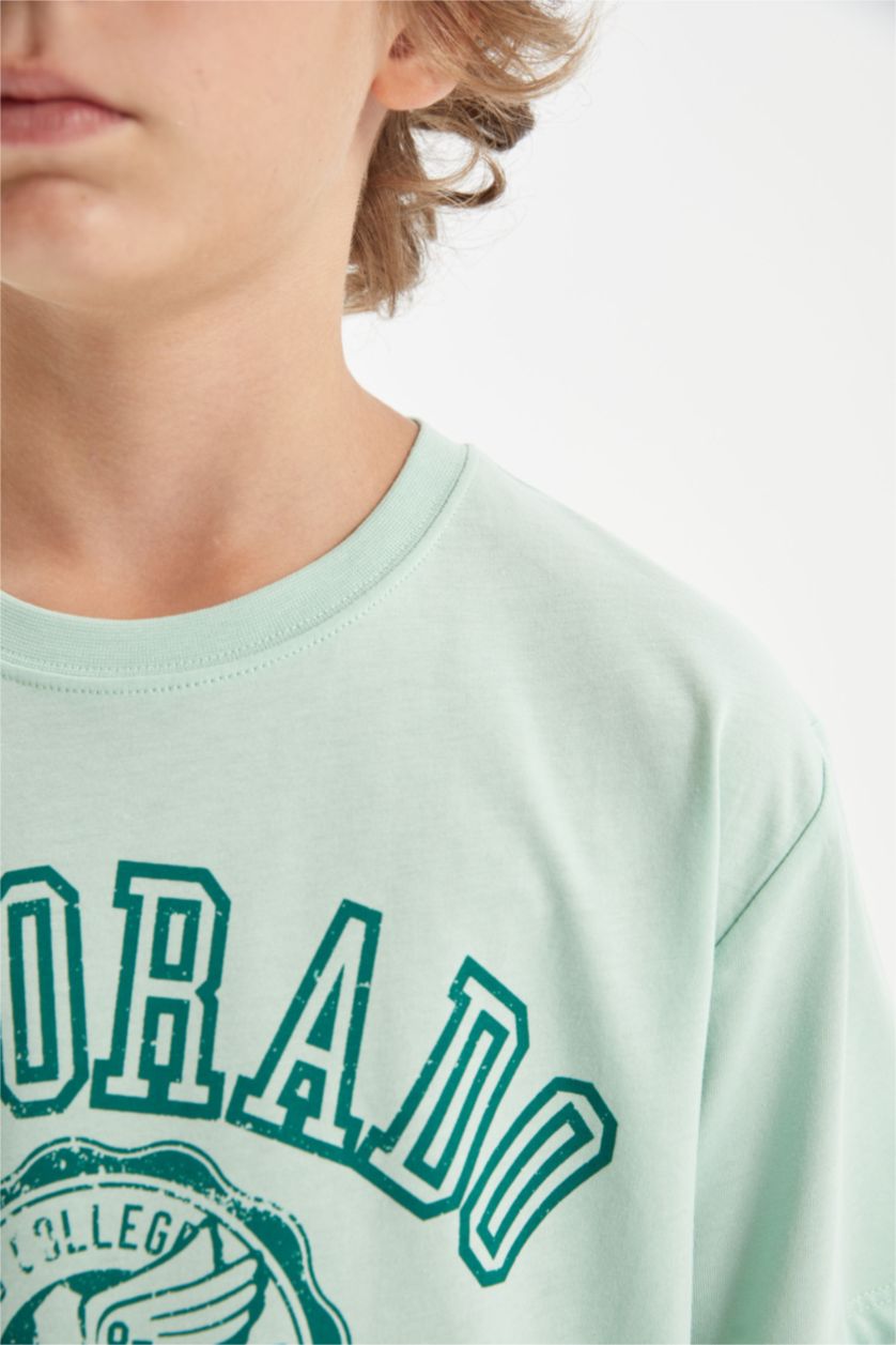 Erkek Çocuk - Genç Erkek Açık Yeşil Erkek Çocuk Bisiklet Yaka Baskılı Kısa Kollu Tişört