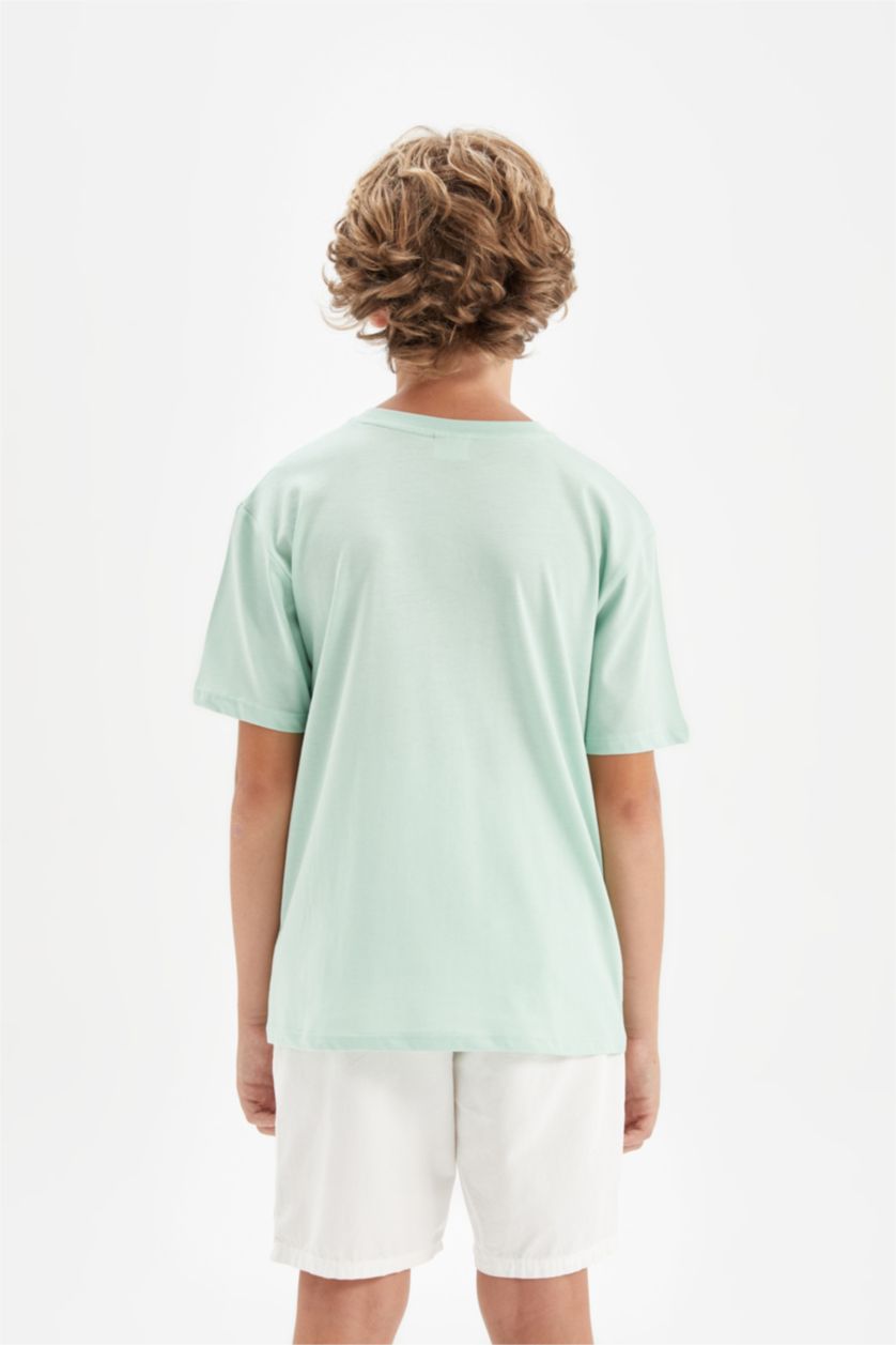 Erkek Çocuk - Genç Erkek Açık Yeşil Erkek Çocuk Bisiklet Yaka Baskılı Kısa Kollu Tişört