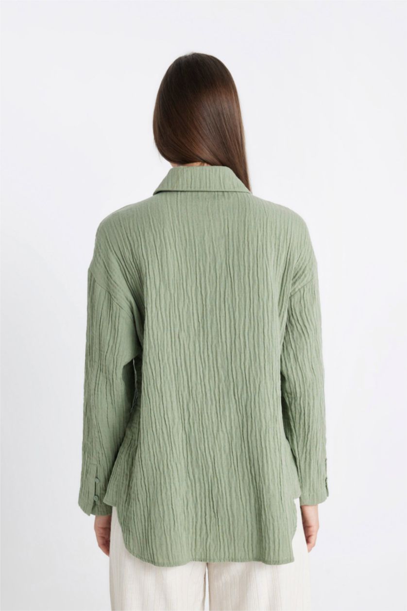 نساء أخضر قميص طويل موسلين قصة مريحة ردن طويل