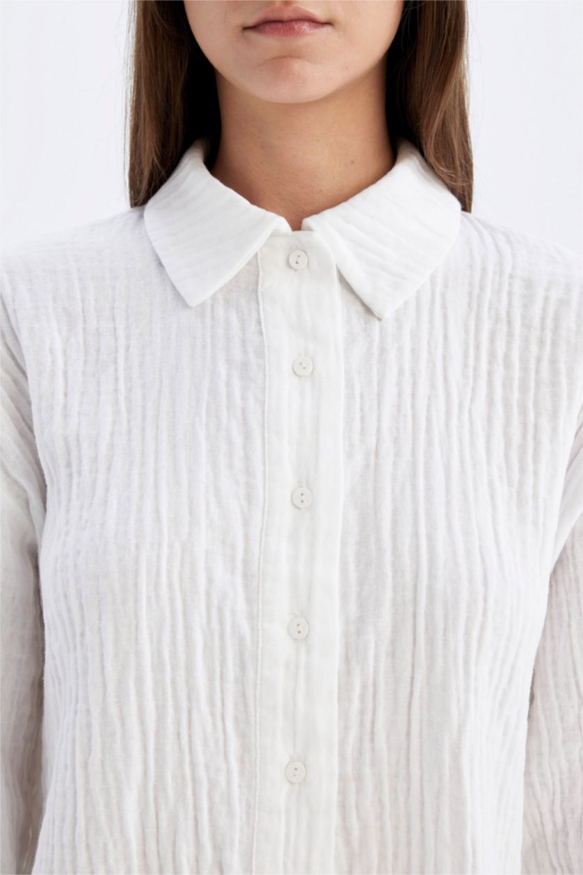 نساء أبيض تونيك كم طويل موسلين قصة مريحة