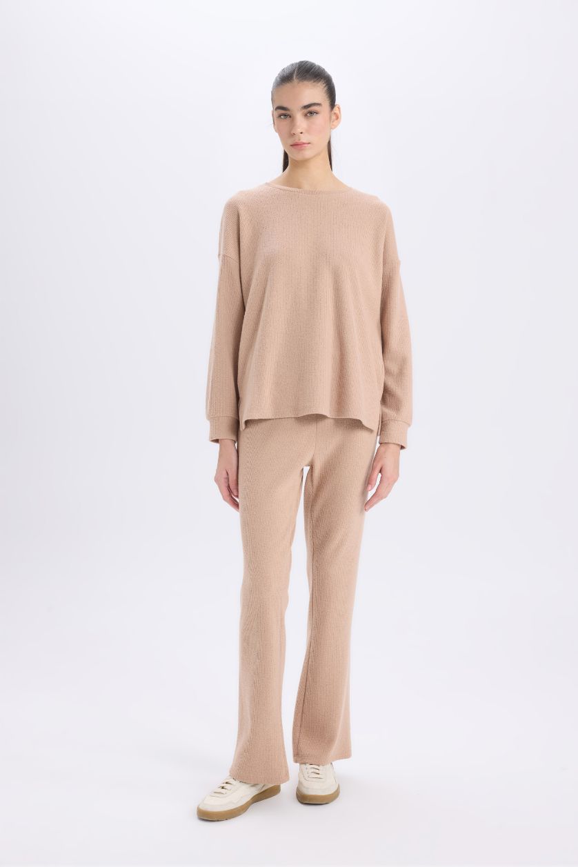 Kadın Vizon Pijama Takımı Regular Fit Basic Düz Uzun Kollu Üst Geniş Bol Paça Alt