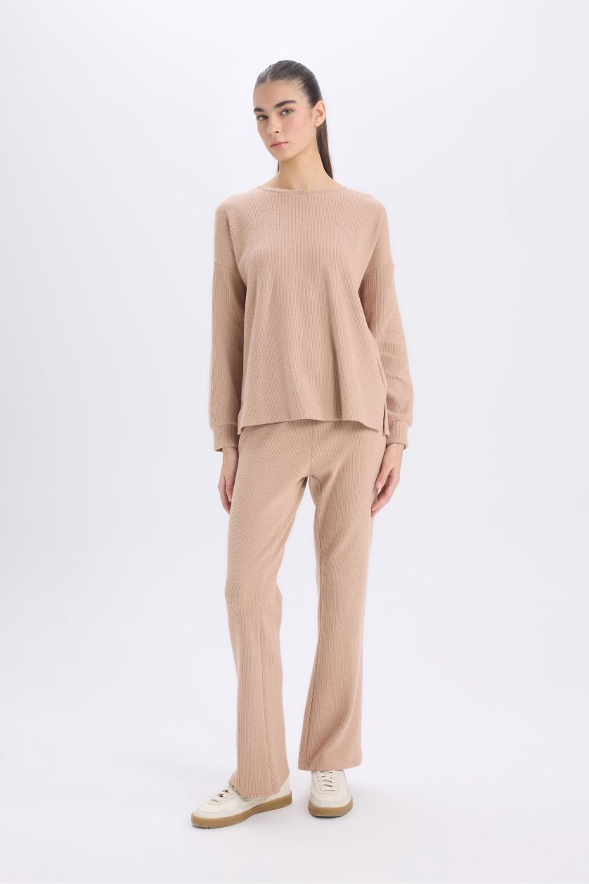 Kadın Vizon Pijama Takımı Regular Fit Basic Düz Uzun Kollu Üst Geniş Bol Paça Alt