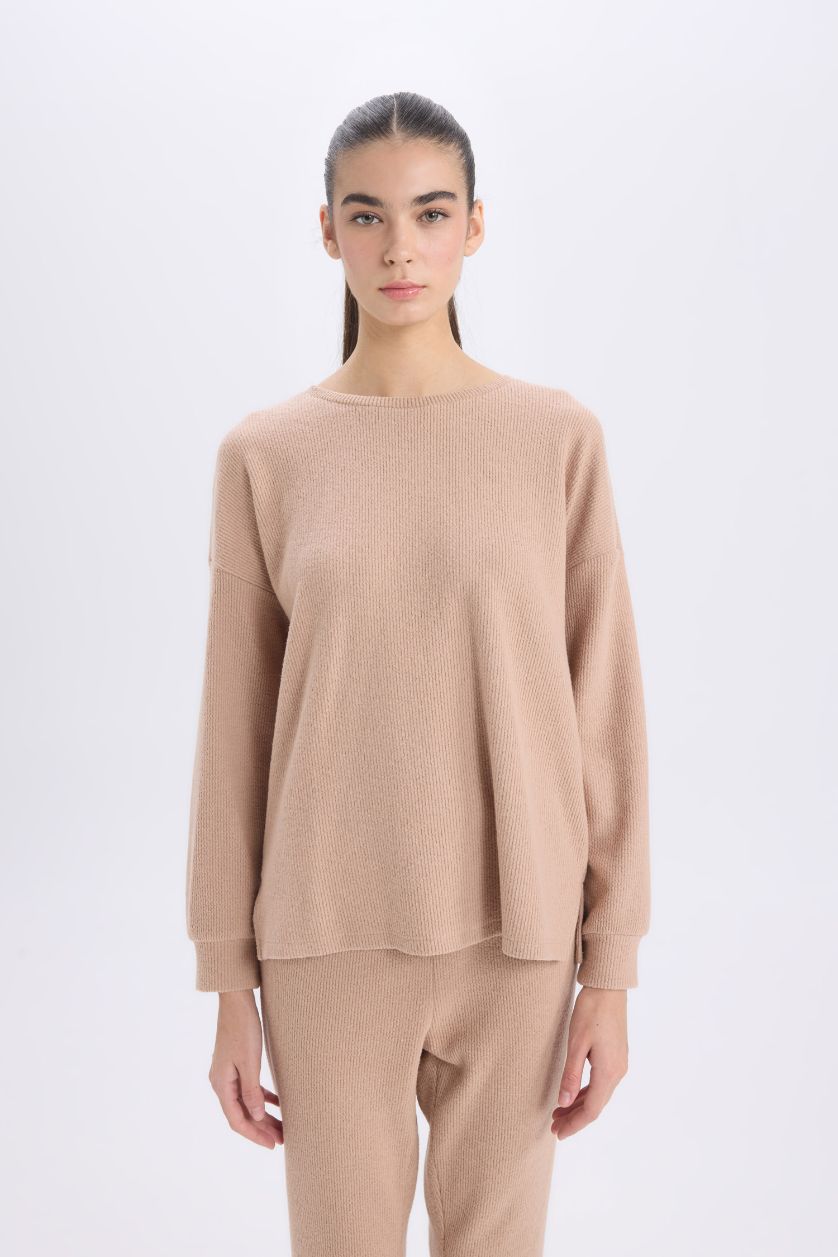 Kadın Vizon Pijama Takımı Regular Fit Basic Düz Uzun Kollu Üst Geniş Bol Paça Alt