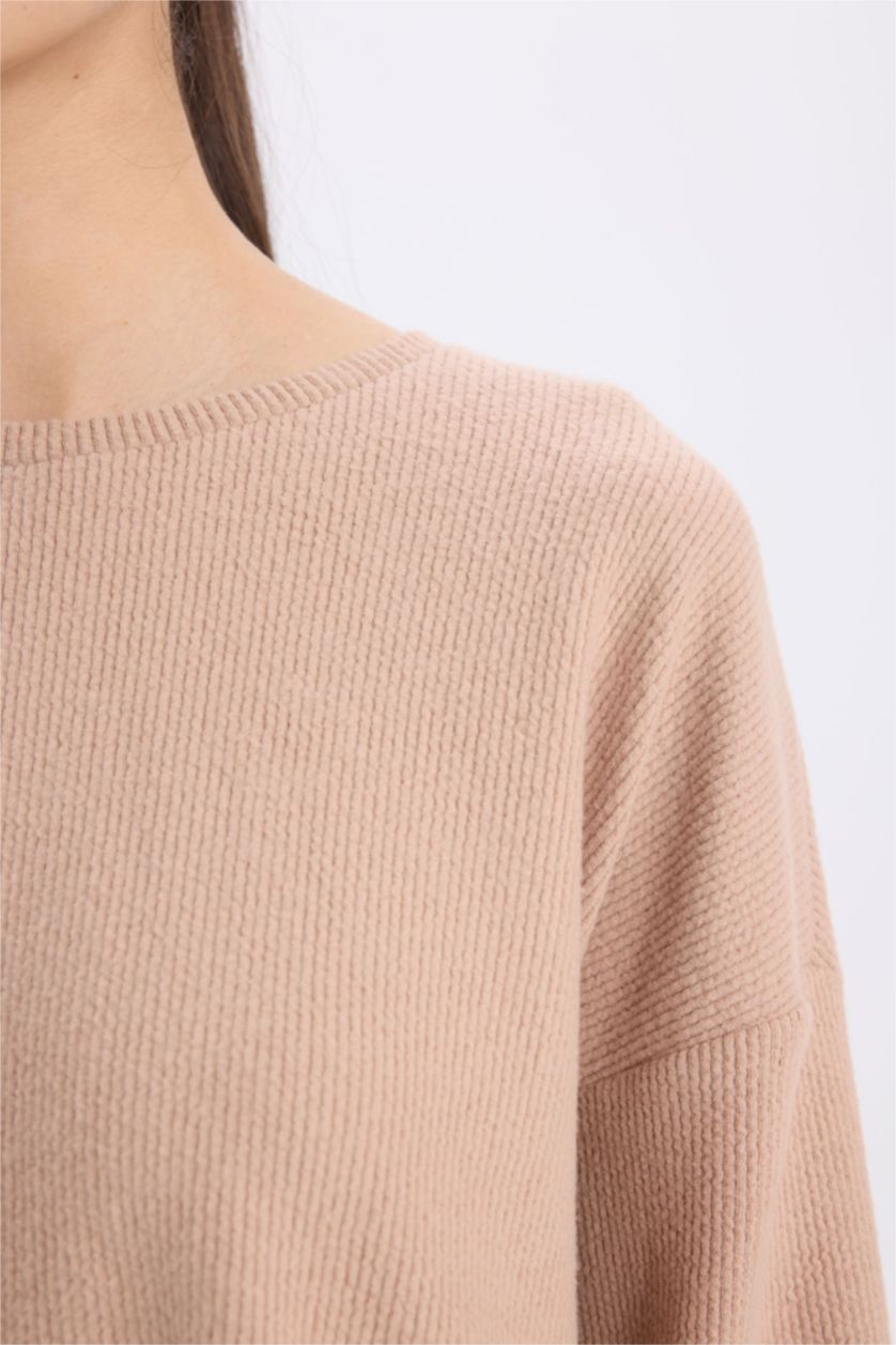 Kadın Vizon Pijama Takımı Regular Fit Basic Düz Uzun Kollu Üst Geniş Bol Paça Alt