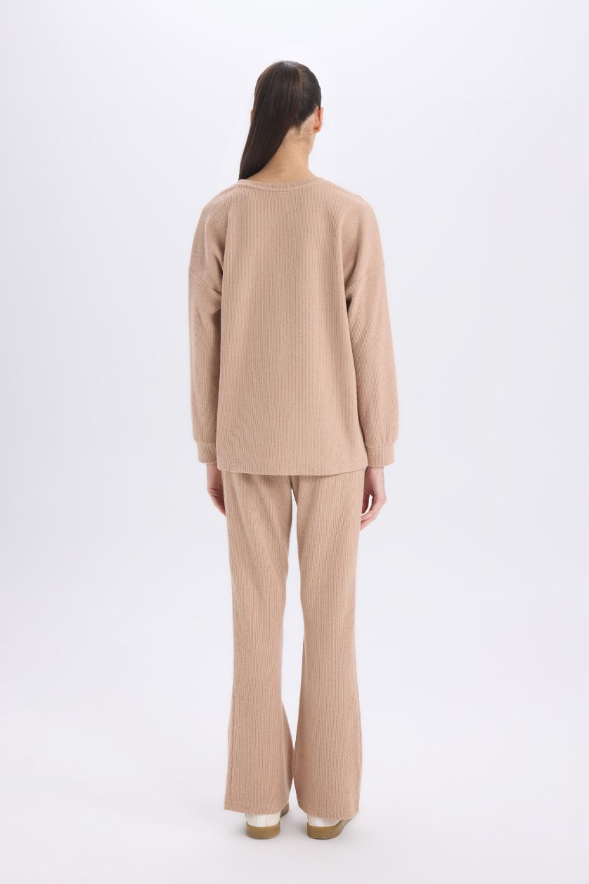 Kadın Vizon Pijama Takımı Regular Fit Basic Düz Uzun Kollu Üst Geniş Bol Paça Alt