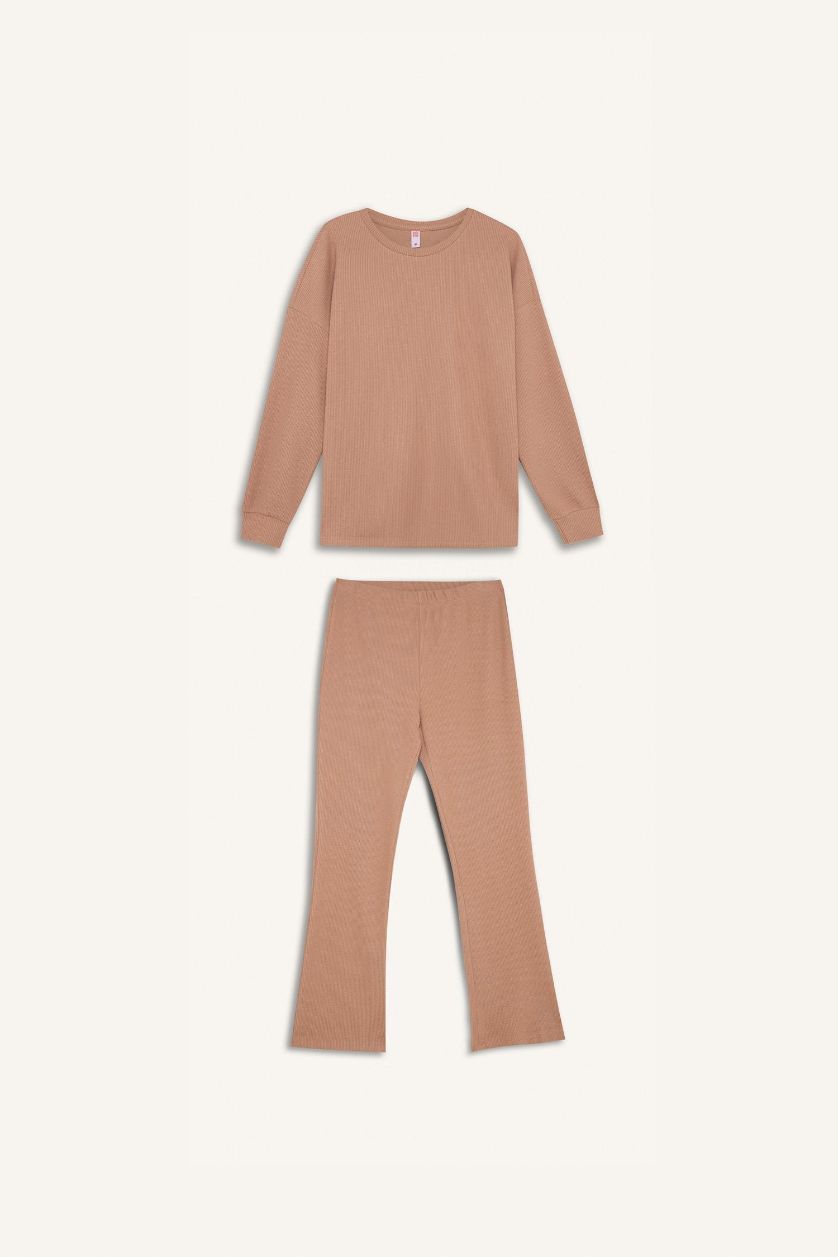 Kadın Vizon Pijama Takımı Regular Fit Basic Düz Uzun Kollu Üst Geniş Bol Paça Alt