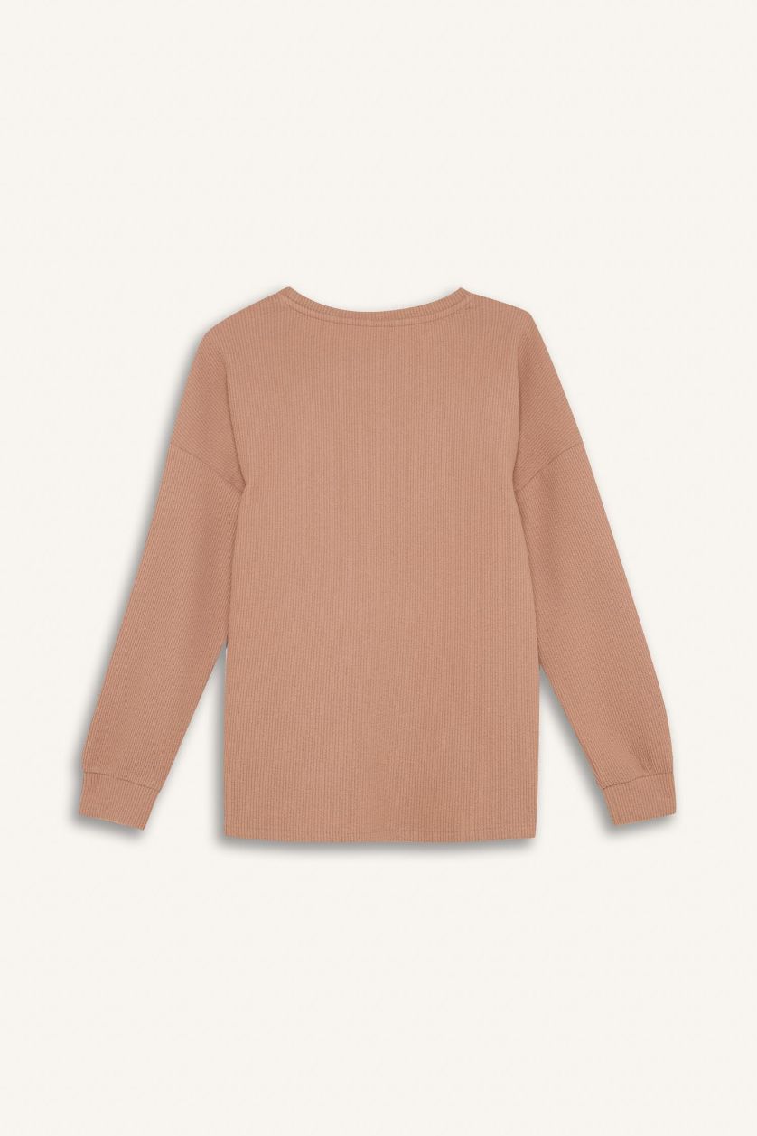 Kadın Vizon Pijama Takımı Regular Fit Basic Düz Uzun Kollu Üst Geniş Bol Paça Alt