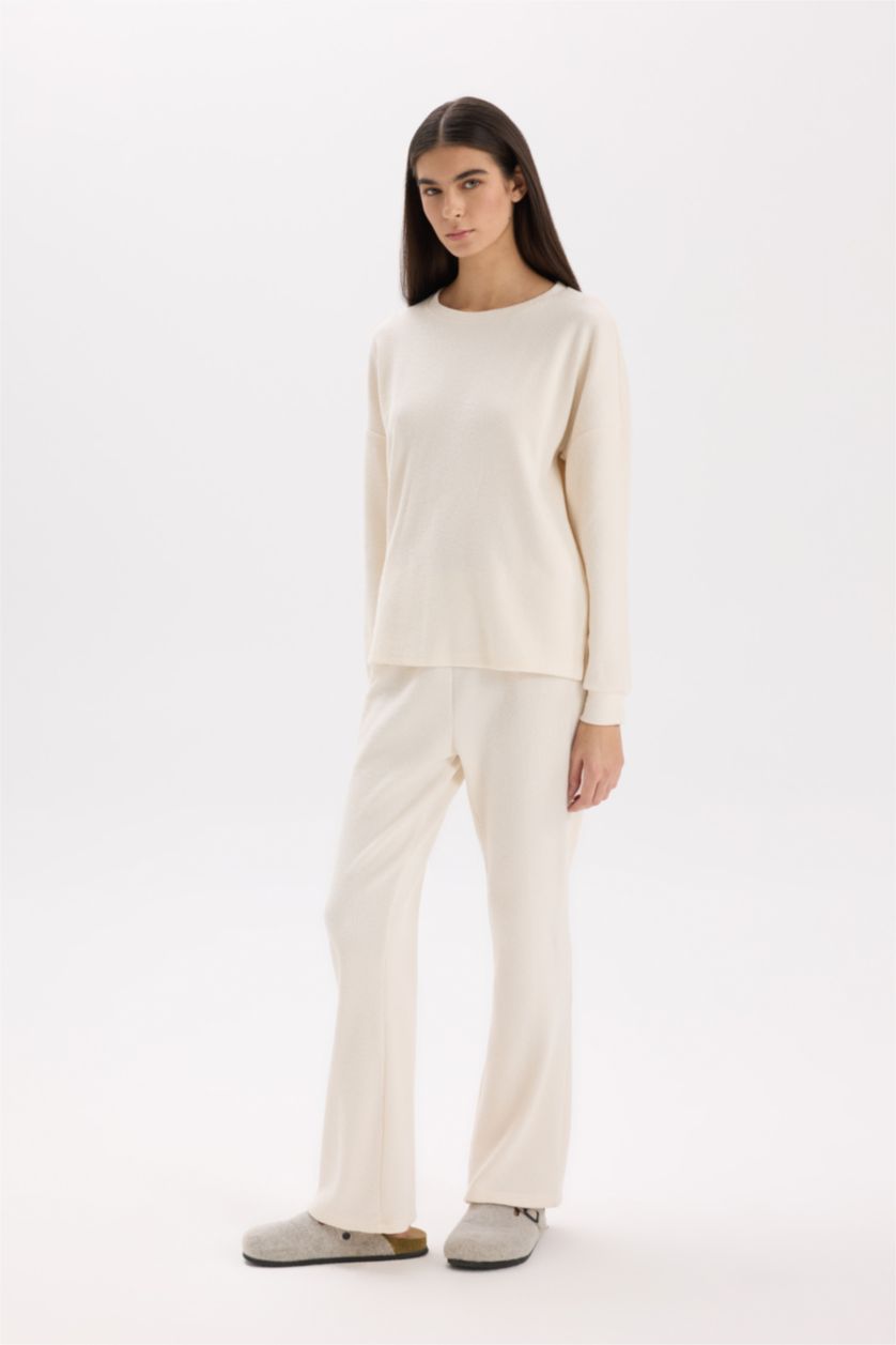 Kadın Ekru Pijama Takımı Regular Fit Basic Düz Uzun Kollu Üst Geniş Bol Paça Alt