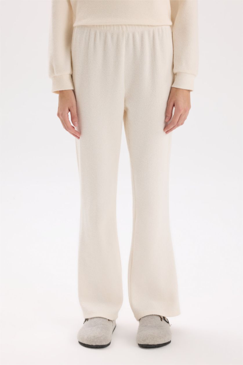 Kadın Ekru Pijama Takımı Regular Fit Basic Düz Uzun Kollu Üst Geniş Bol Paça Alt