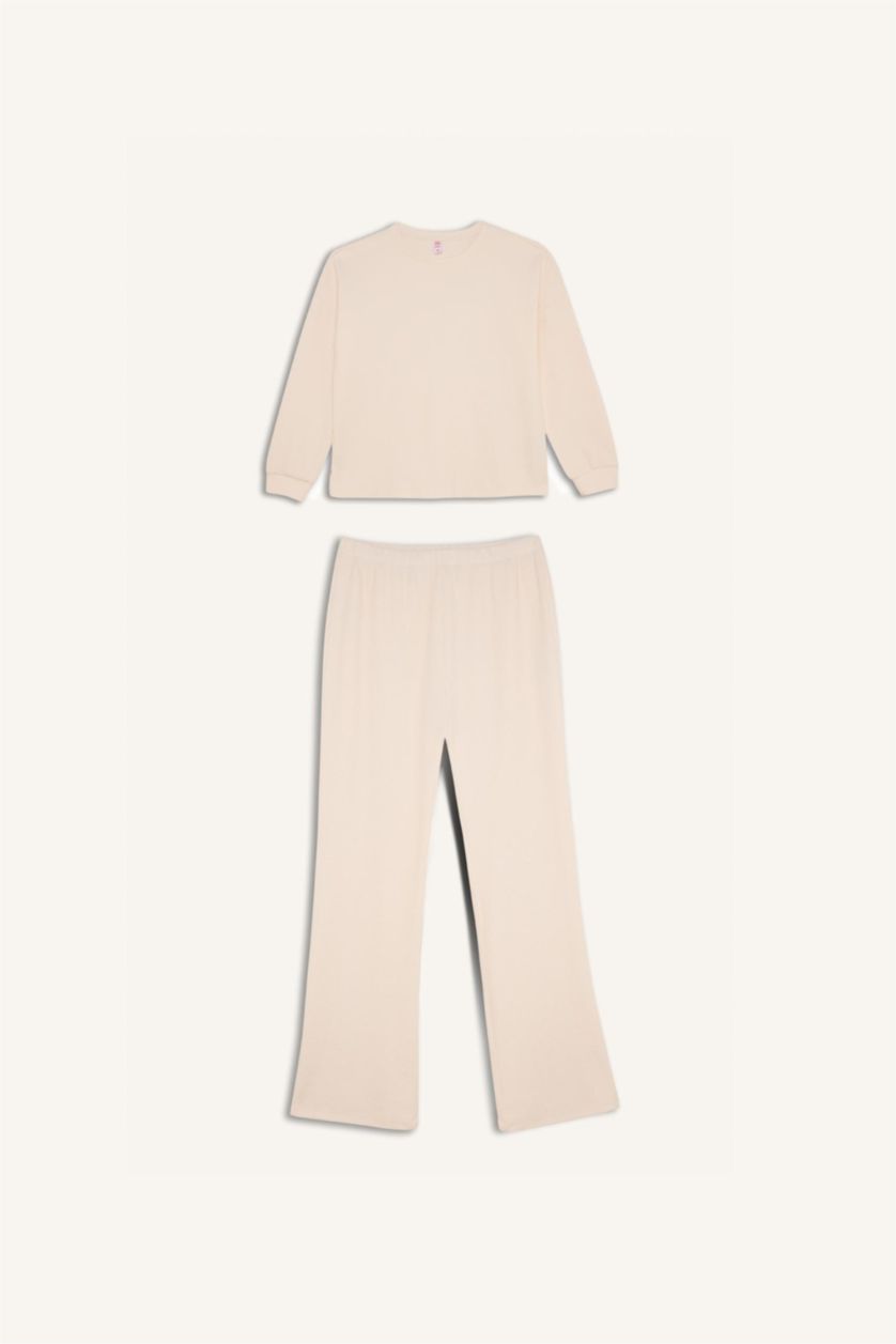 Kadın Ekru Pijama Takımı Regular Fit Basic Düz Uzun Kollu Üst Geniş Bol Paça Alt