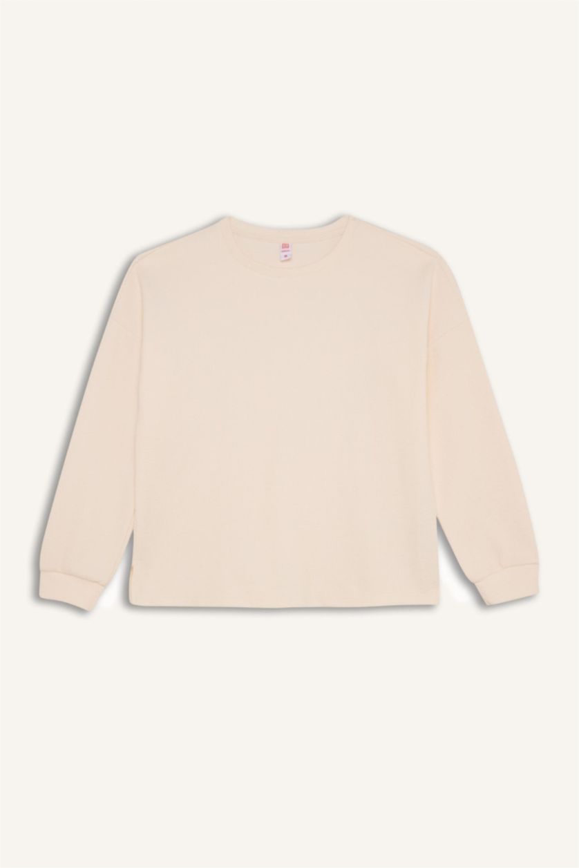 Kadın Ekru Pijama Takımı Regular Fit Basic Düz Uzun Kollu Üst Geniş Bol Paça Alt