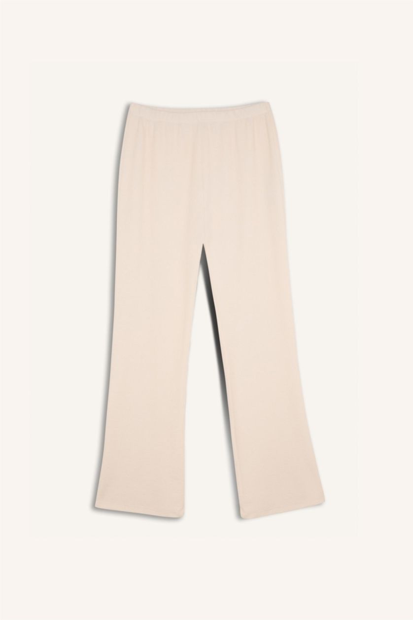 Kadın Ekru Pijama Takımı Regular Fit Basic Düz Uzun Kollu Üst Geniş Bol Paça Alt