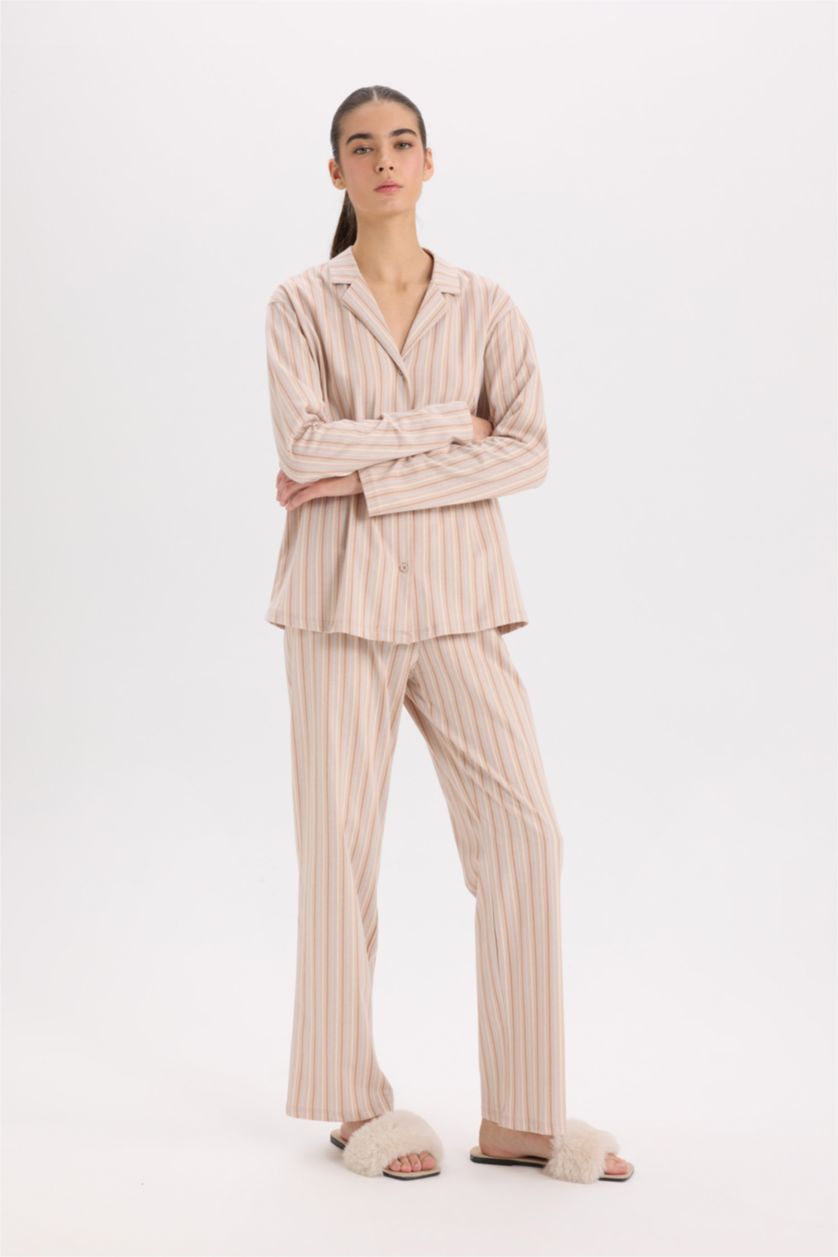 WOMAN Beige Fall in Love Buttoned Top Bottom 2 Piece Pajama Set