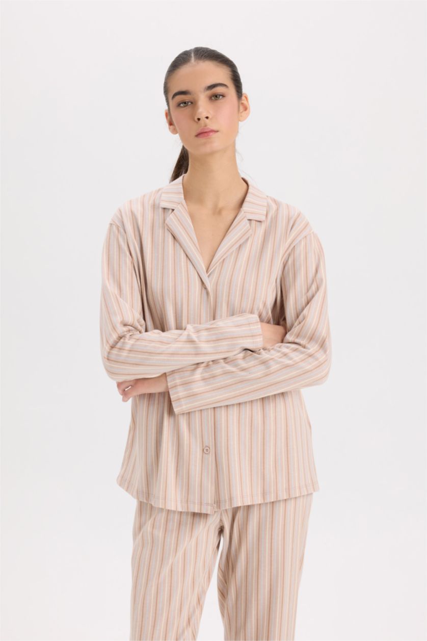WOMAN Beige Fall in Love Buttoned Top Bottom 2 Piece Pajama Set