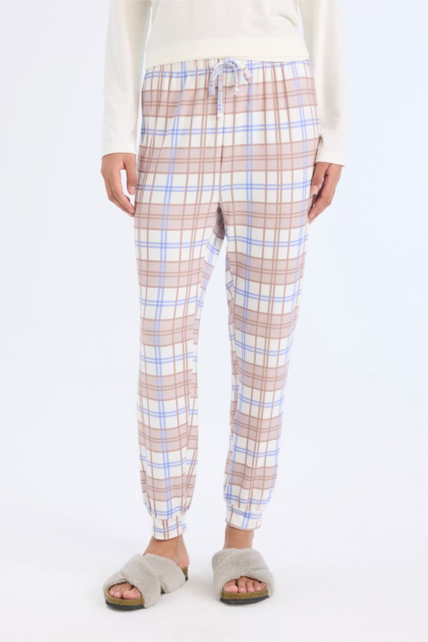 Kadın Bej Pijama Takımı Regular Fit Uzun Kollu Üst Kareli Uzun Alt