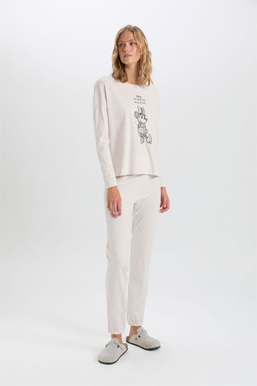 Kadın Bej Melanj Disney Mickey & Minnie Pijama Takım Bisiklet Yaka Uzun Kollu Üst Beli Lastikli Alt-Fall in Love 