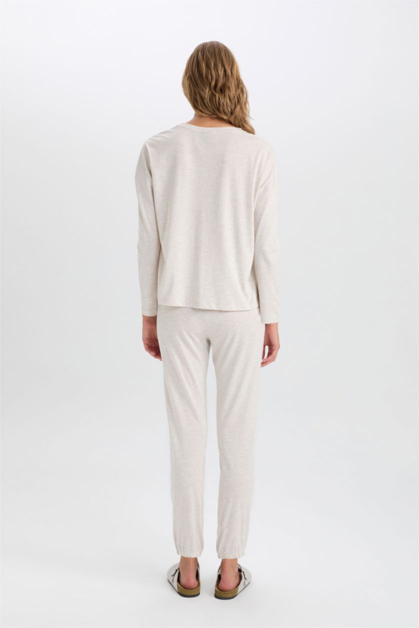 Kadın Bej Melanj Disney Mickey & Minnie Pijama Takım Bisiklet Yaka Uzun Kollu Üst Beli Lastikli Alt-Fall in Love 