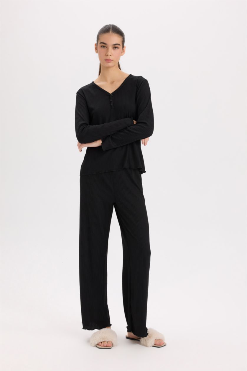 WOMAN Black Fall in Love V Neck Top Wide Leg Bottom 2 Piece Pajama Set