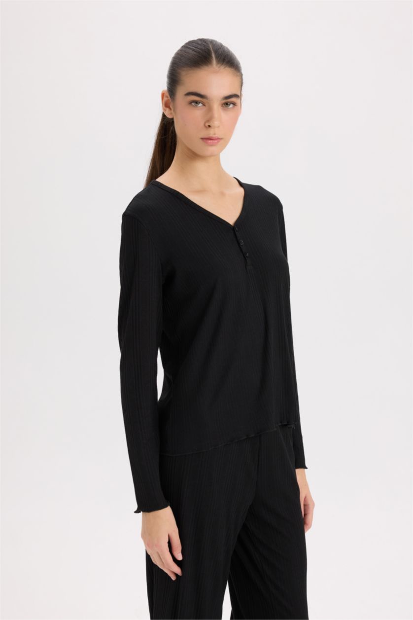 WOMAN Black Fall in Love V Neck Top Wide Leg Bottom 2 Piece Pajama Set