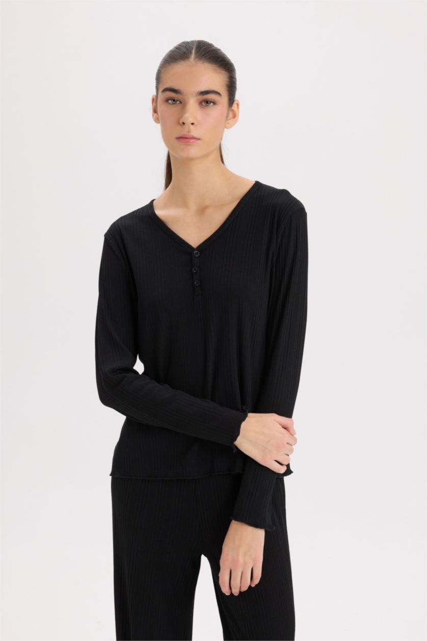 WOMAN Black Fall in Love V Neck Top Wide Leg Bottom 2 Piece Pajama Set