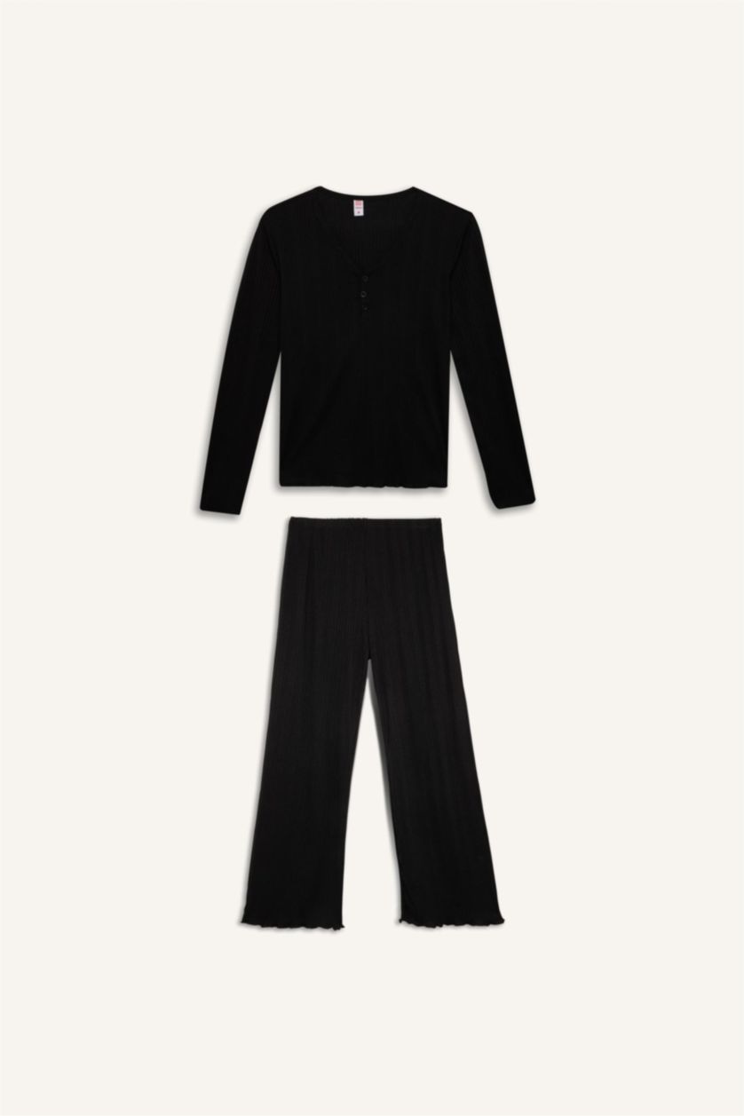 WOMAN Black Fall in Love V Neck Top Wide Leg Bottom 2 Piece Pajama Set