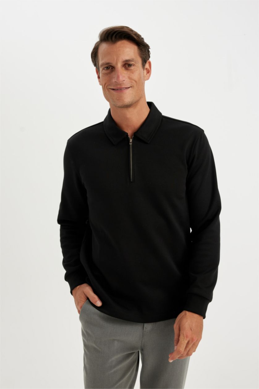 Erkek Siyah Regular Fit Polo Yaka Yarım Fermuarlı Basic Düz Sweatshirt