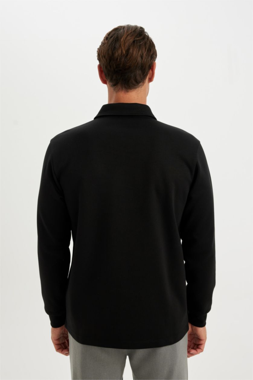 Erkek Siyah Regular Fit Polo Yaka Yarım Fermuarlı Basic Düz Sweatshirt