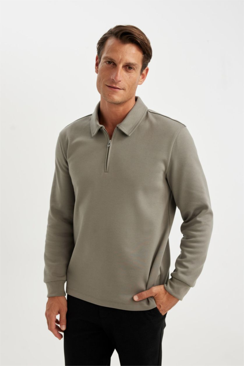 Erkek Koyu Gri Regular Fit Polo Yaka Yarım Fermuarlı Basic Düz Sweatshirt