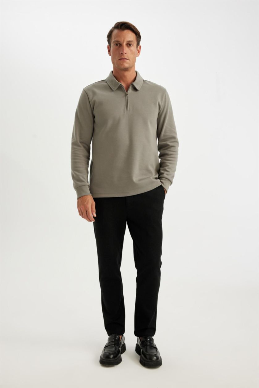 Erkek Koyu Gri Regular Fit Polo Yaka Yarım Fermuarlı Basic Düz Sweatshirt
