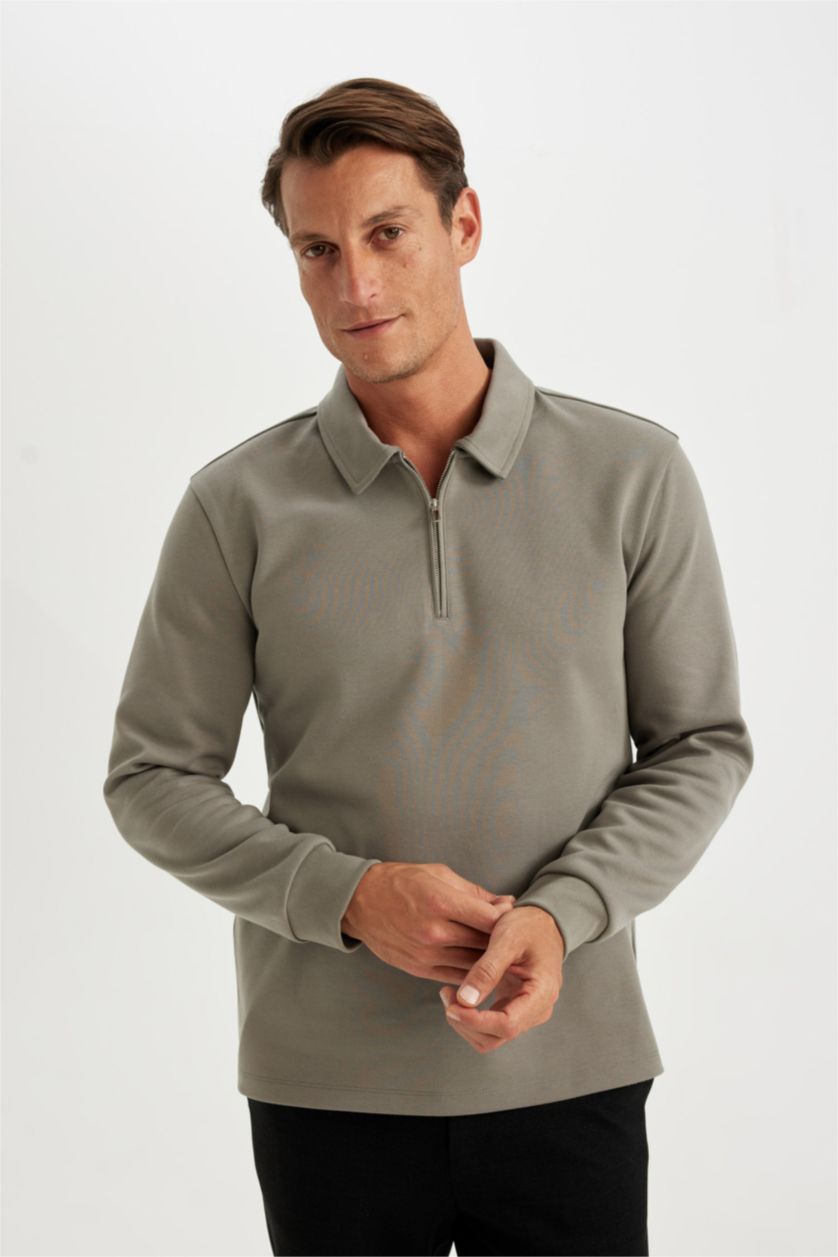 Erkek Koyu Gri Regular Fit Polo Yaka Yarım Fermuarlı Basic Düz Sweatshirt