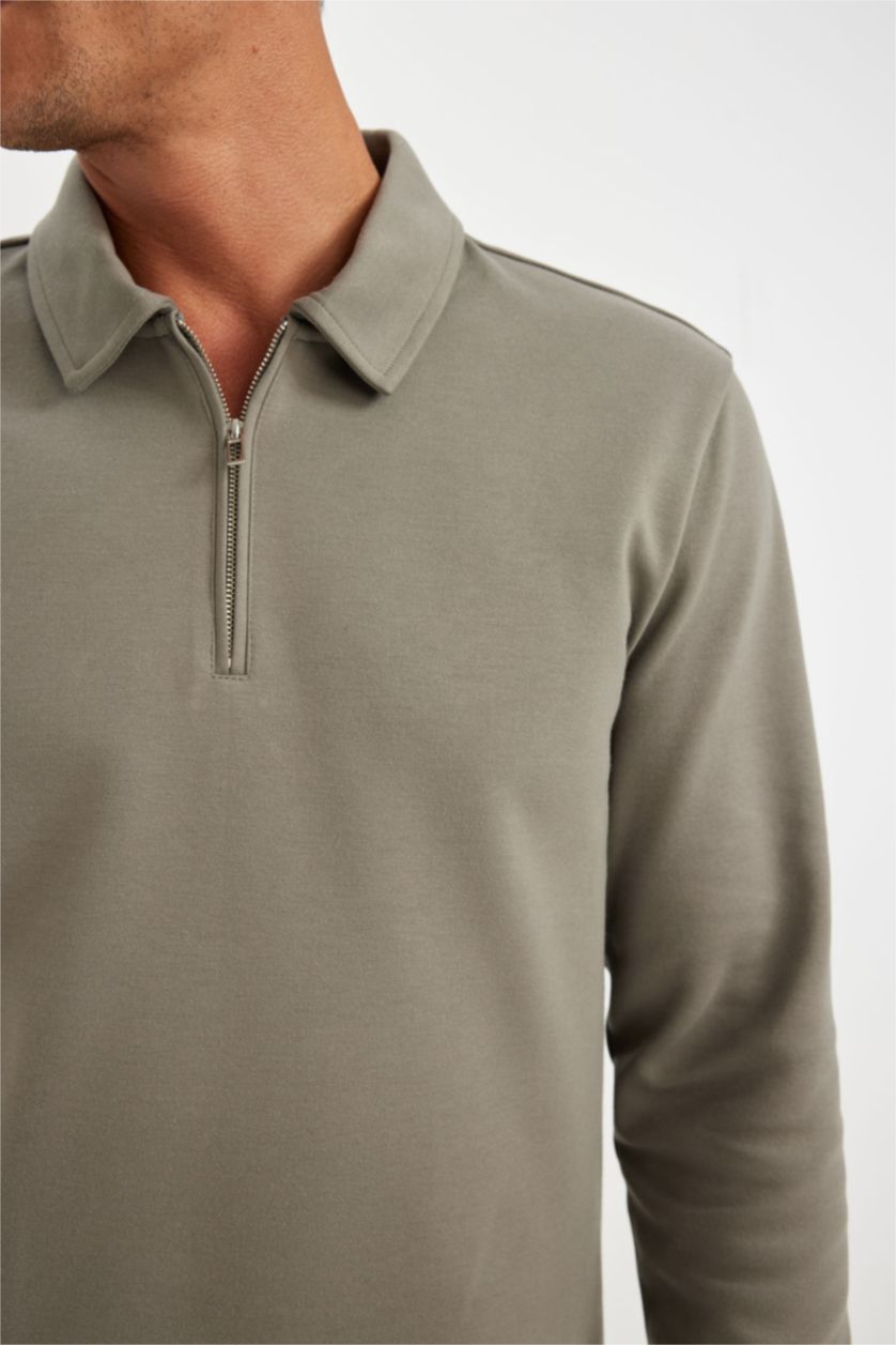 Erkek Koyu Gri Regular Fit Polo Yaka Yarım Fermuarlı Basic Düz Sweatshirt
