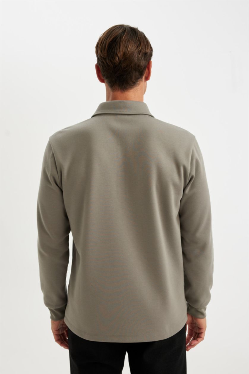 Erkek Koyu Gri Regular Fit Polo Yaka Yarım Fermuarlı Basic Düz Sweatshirt