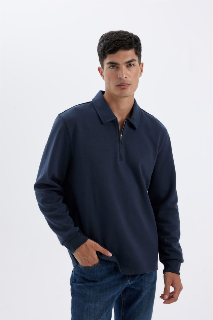 Erkek Açık Lacivert Regular Fit Polo Yaka Yarım Fermuarlı Basic Düz Sweatshirt